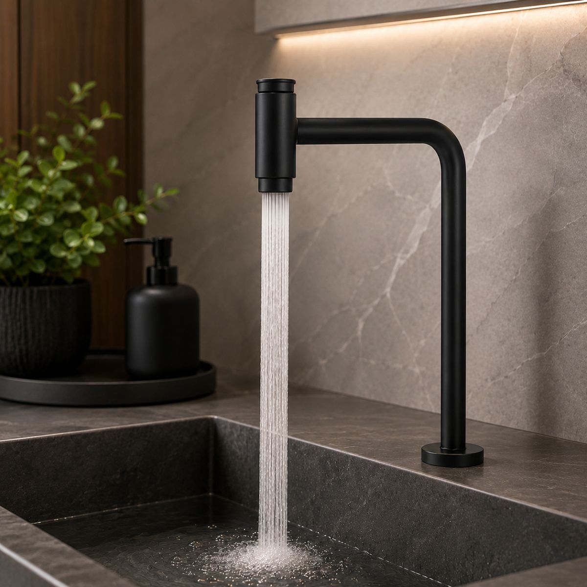 Torneira de Mesa Push em Aço Inox com Bica Alta Giratória 360°