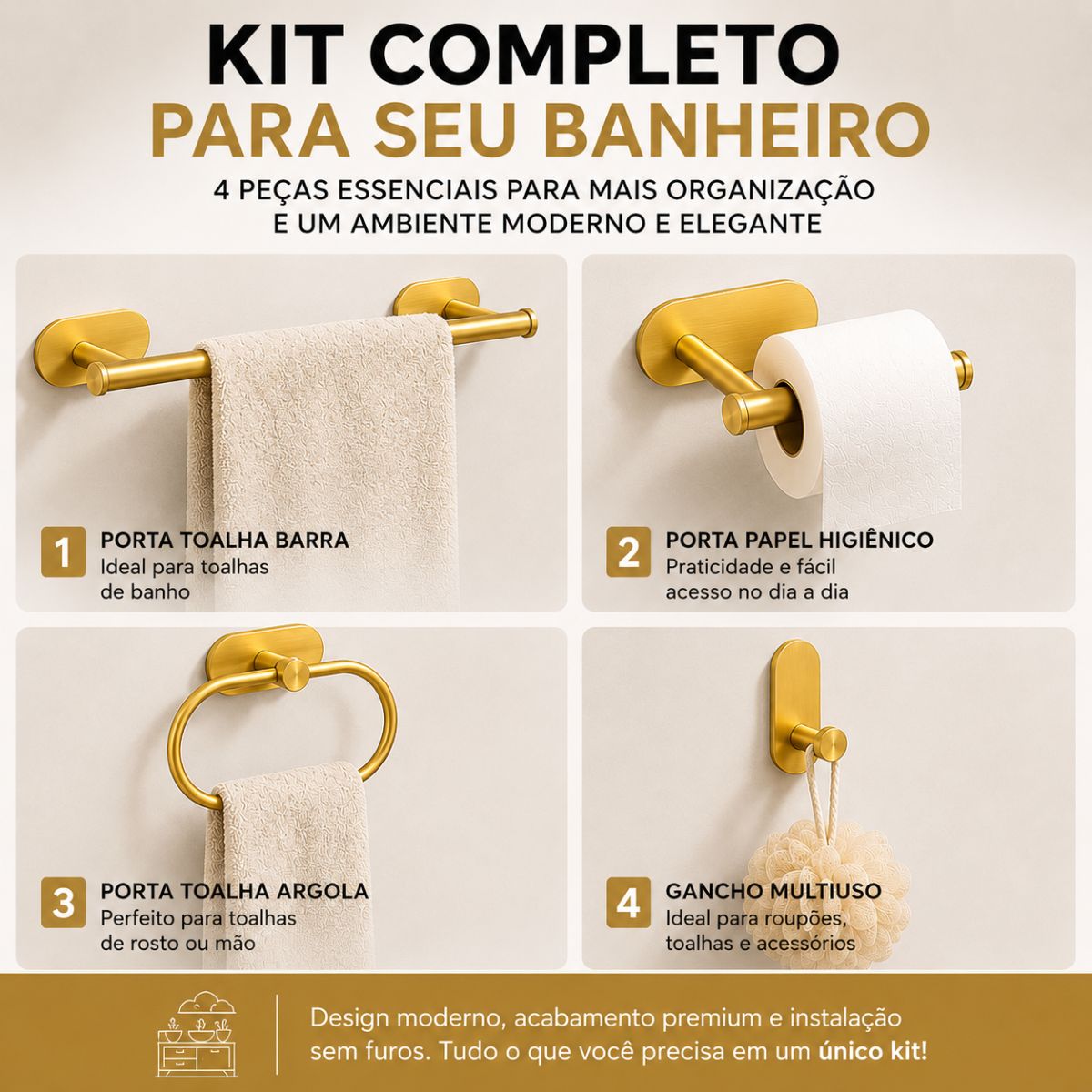 Kit Acessórios Banheiro c/ Adesivo 4pçs - DOURADO