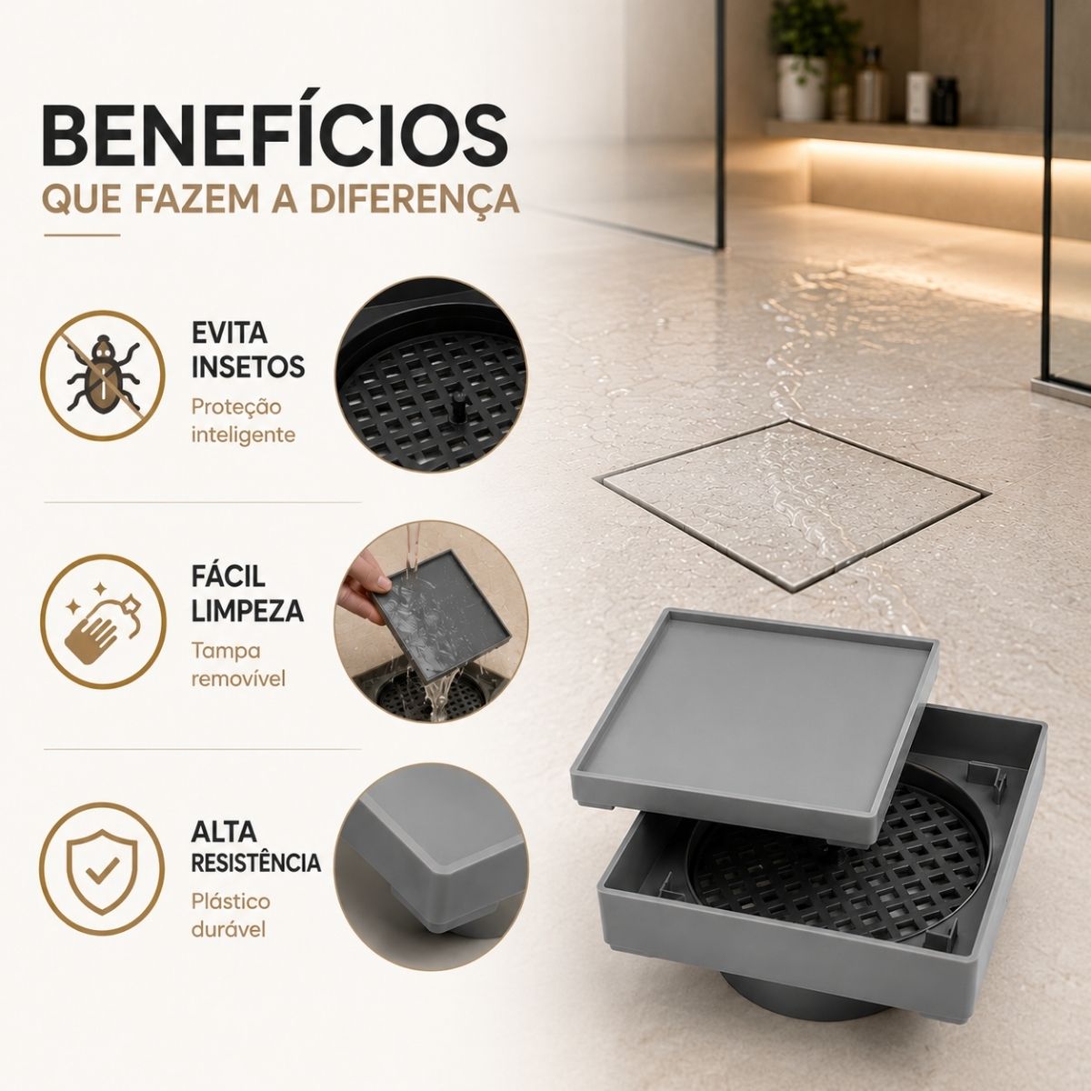 Ralo Oculto Seca Piso para Porcelanato com Tela Anti-Insetos