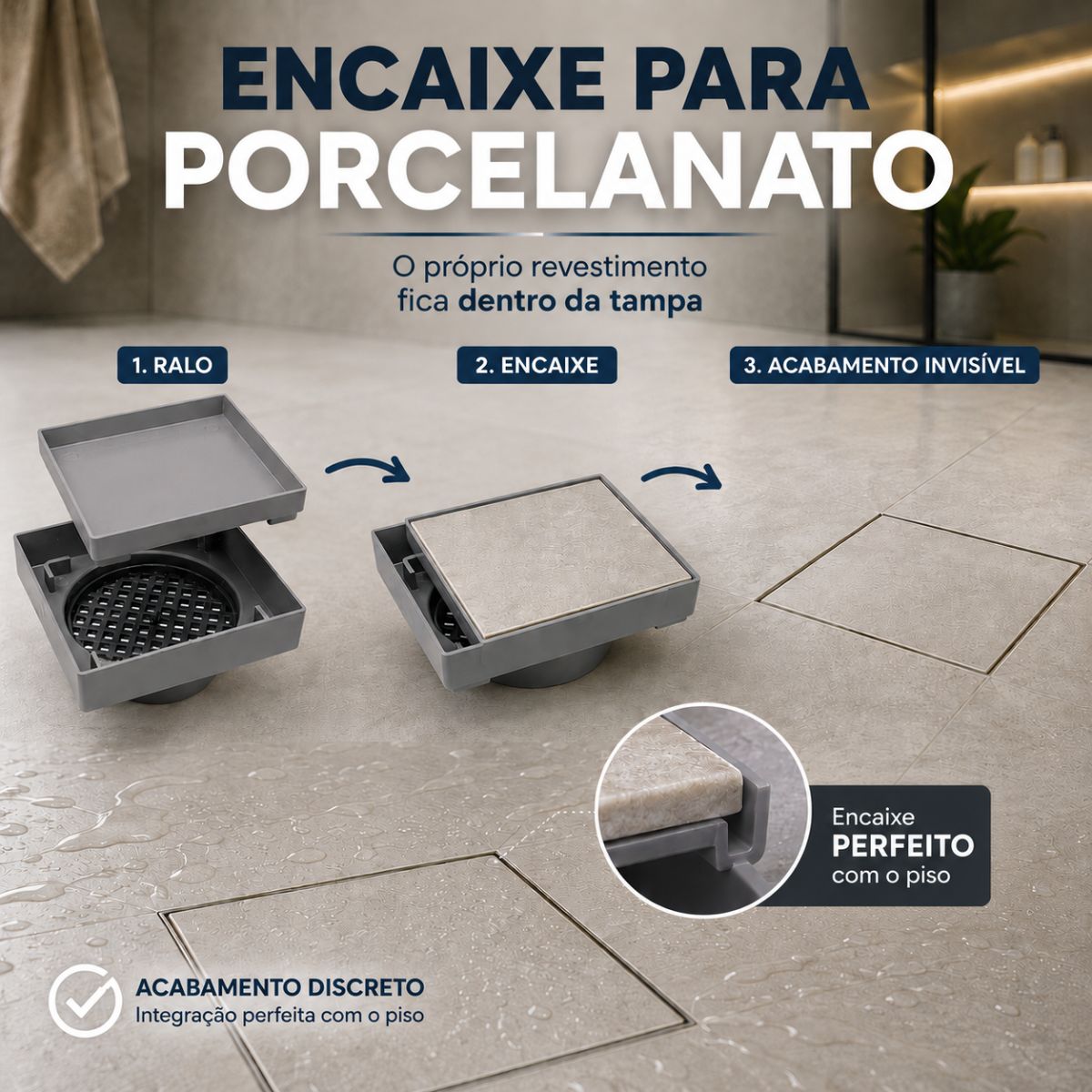 Ralo Oculto 15x15cm para Porcelanato com Tela Anti-Insetos