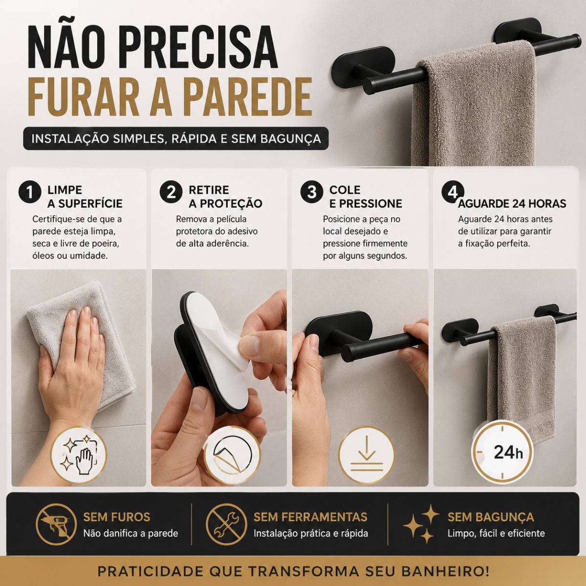 Kit Acessorios Banheiro Preto c/ Adesivo 4pçs