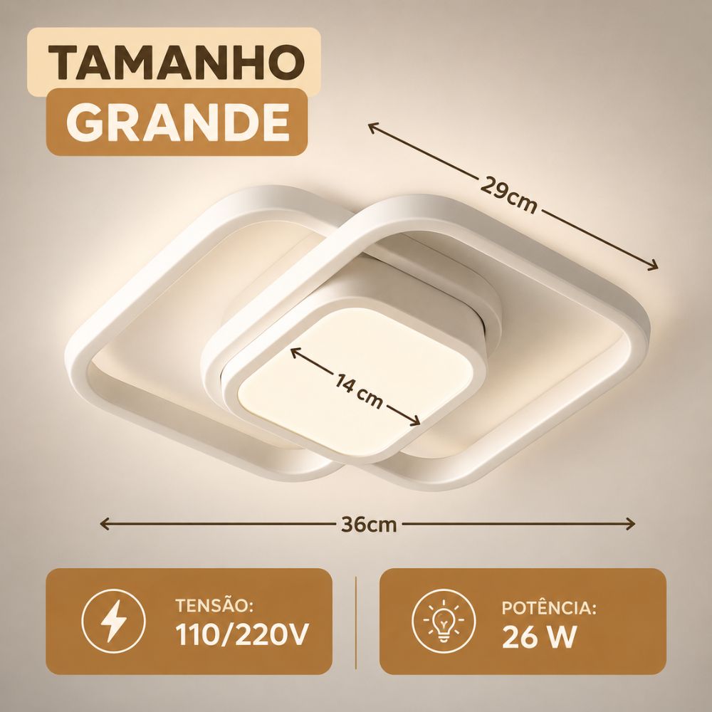 Luminária Plafon LED Quadrado Duplo 26W Bivolt Estrutura Branco