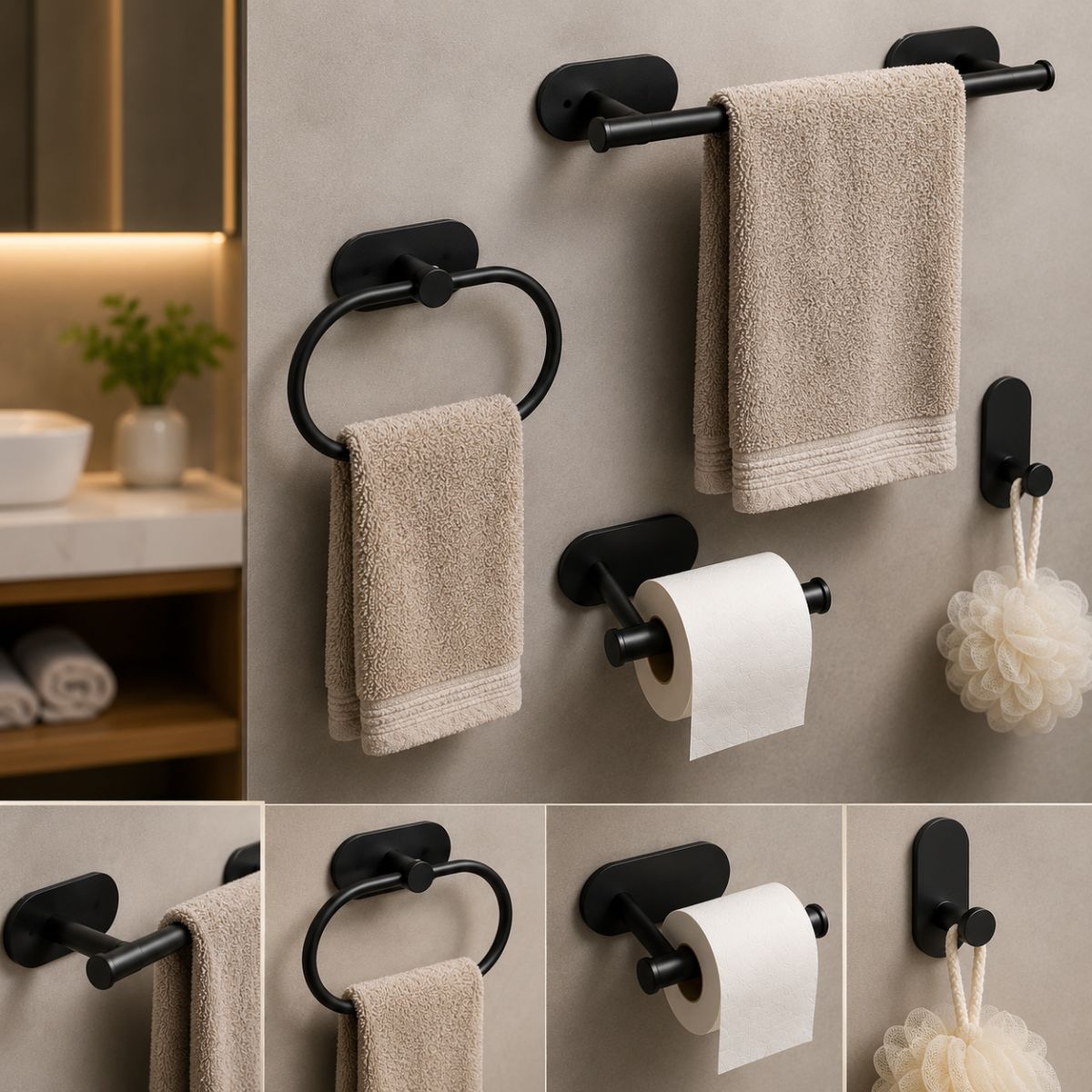 Kit Acessorios Banheiro Preto c/ Adesivo 4pçs
