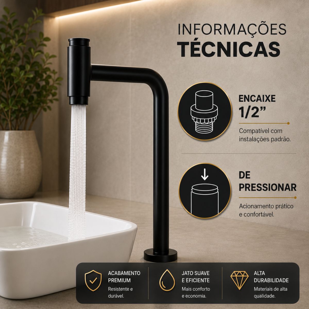 Torneira de Mesa Push em Aço Inox com Bica Alta Giratória 360°