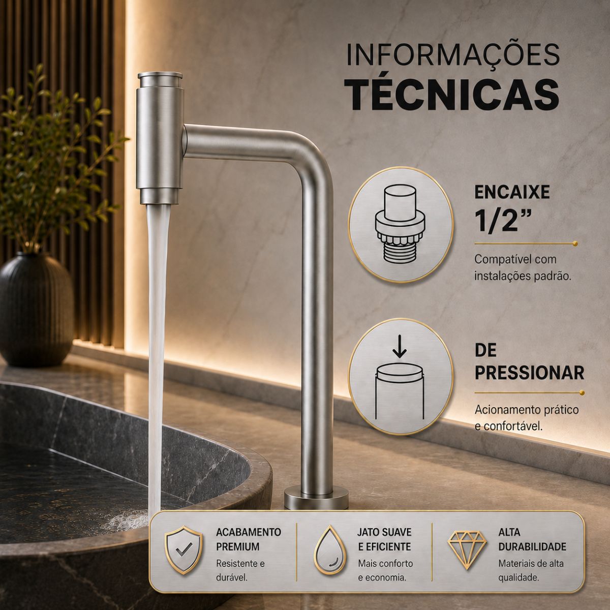 Torneira de Bancada Alta Push em Aço Inox com Bica 360° Moderna