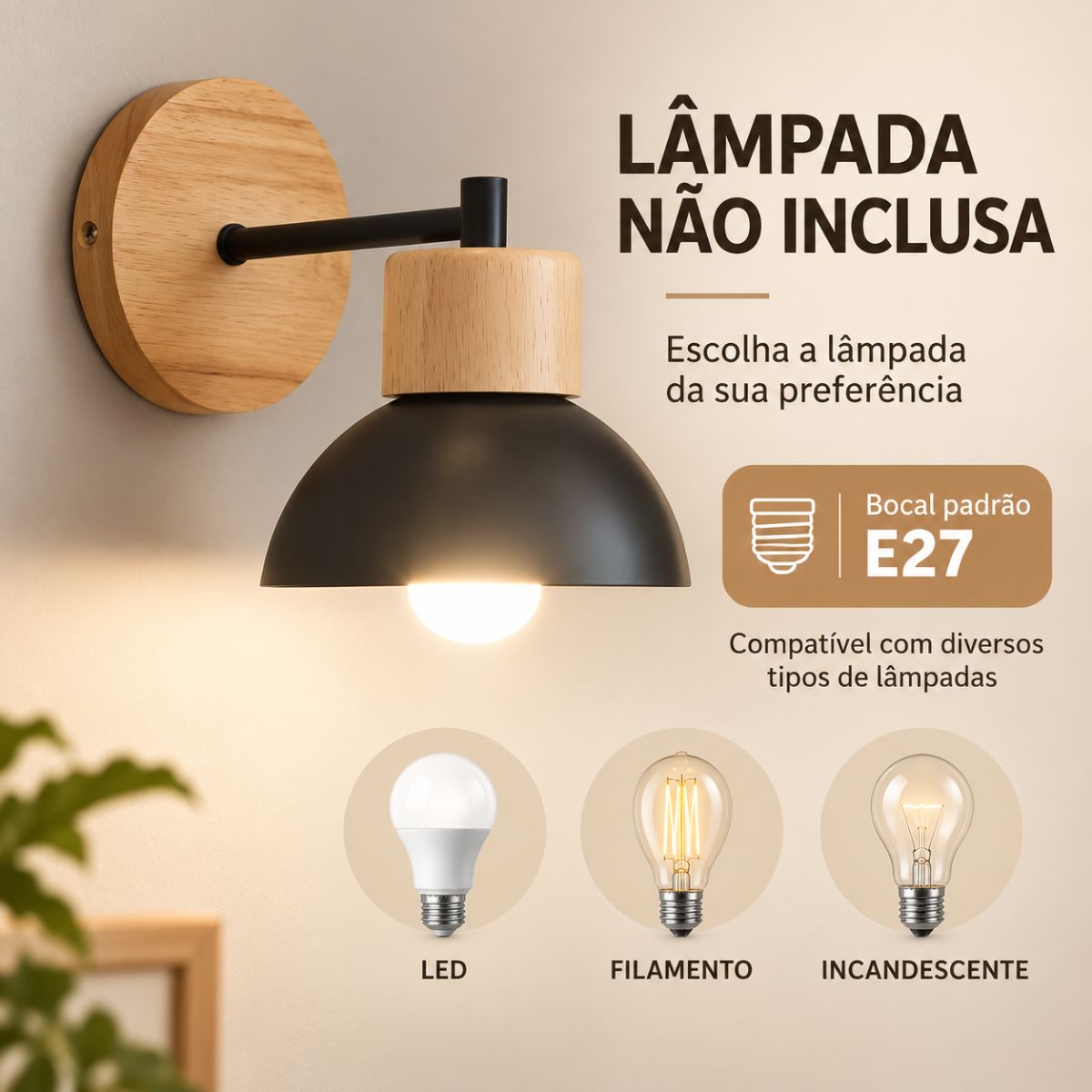 Arandela de Parede Madeira e Metal Branco E27 Moderna