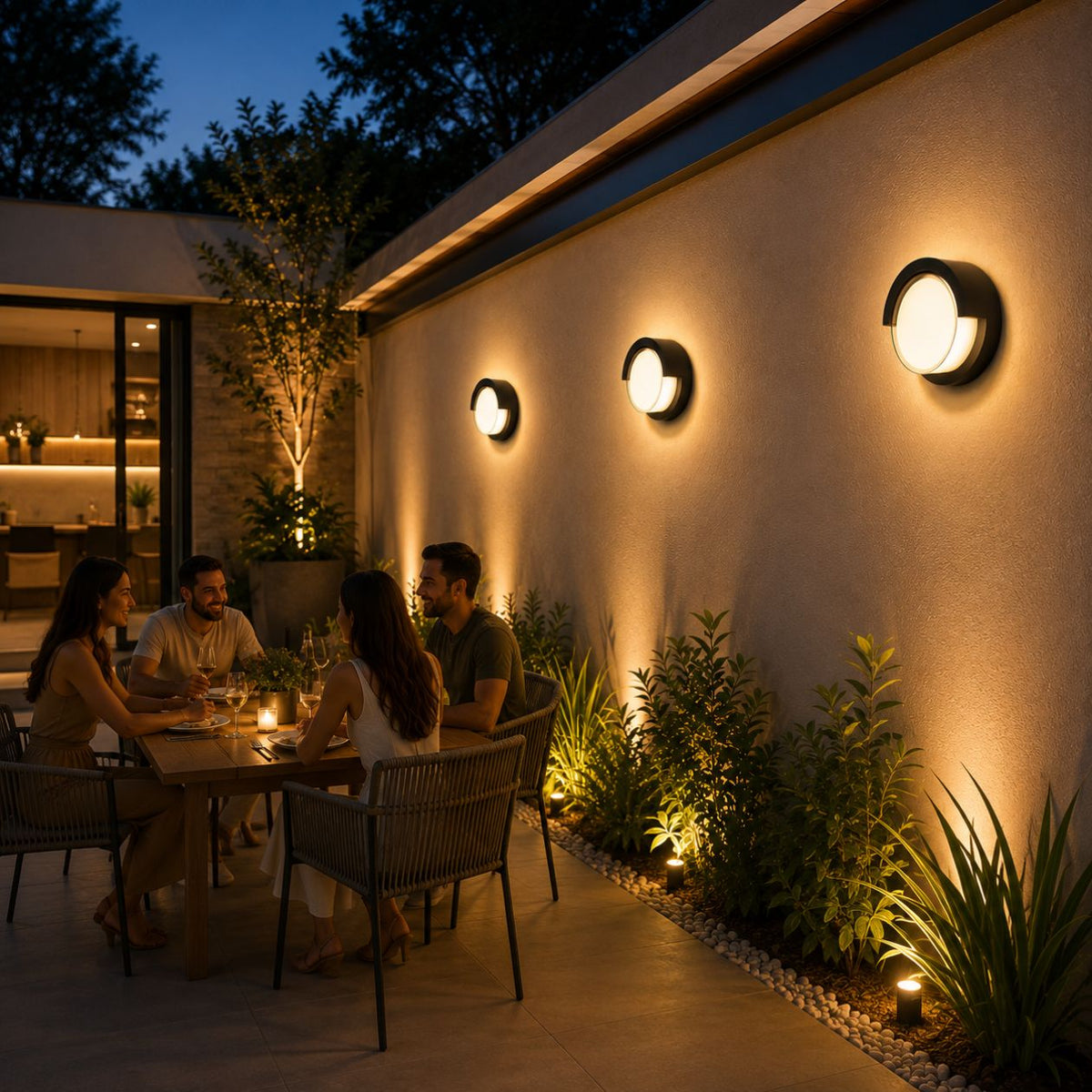 Arandela LED Redonda 12W Preta IP65 Branco Quente 3000K