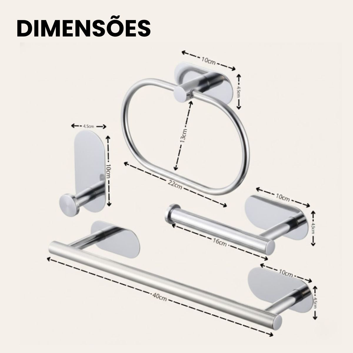 Kit Acessorios Banheiro c/ Adesivo 4pçs - CROMADO FOSCO