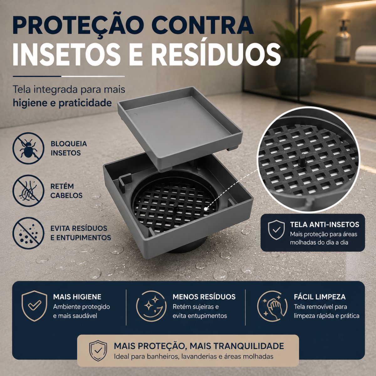 Ralo Oculto 15x15cm para Porcelanato com Tela Anti-Insetos