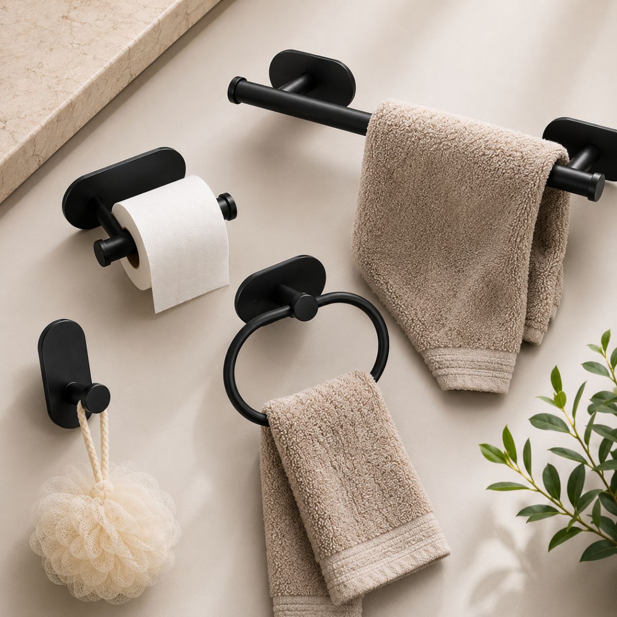 Kit Acessorios Banheiro Preto c/ Adesivo 4pçs