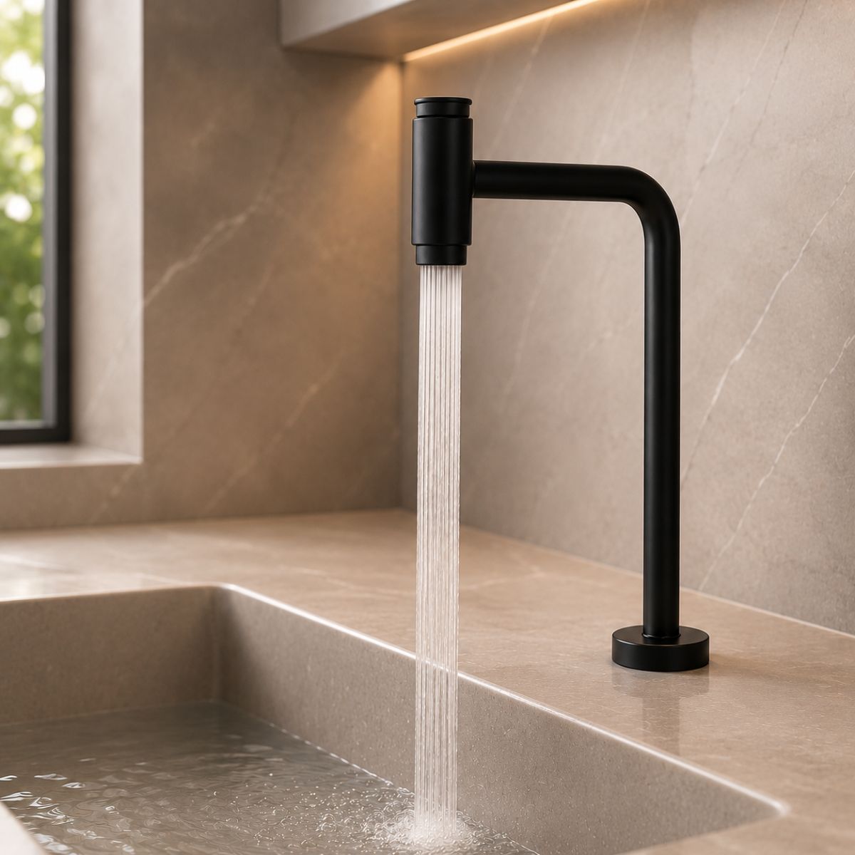 Torneira de Mesa Push em Aço Inox com Bica Alta Giratória 360°
