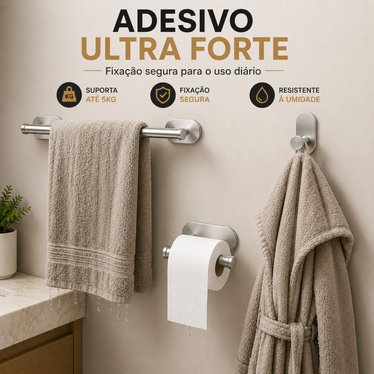 Kit Acessorios Banheiro c/ Adesivo 4pçs - CROMADO FOSCO