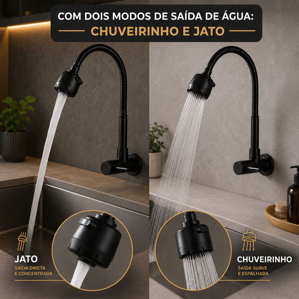Torneira Parede Gourmet - Modelo Rain - Preta