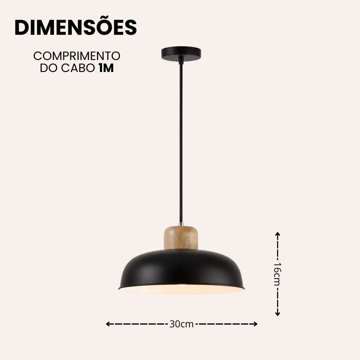 Luminária Pendente Nórdica 30cm em Metal e Madeira E27