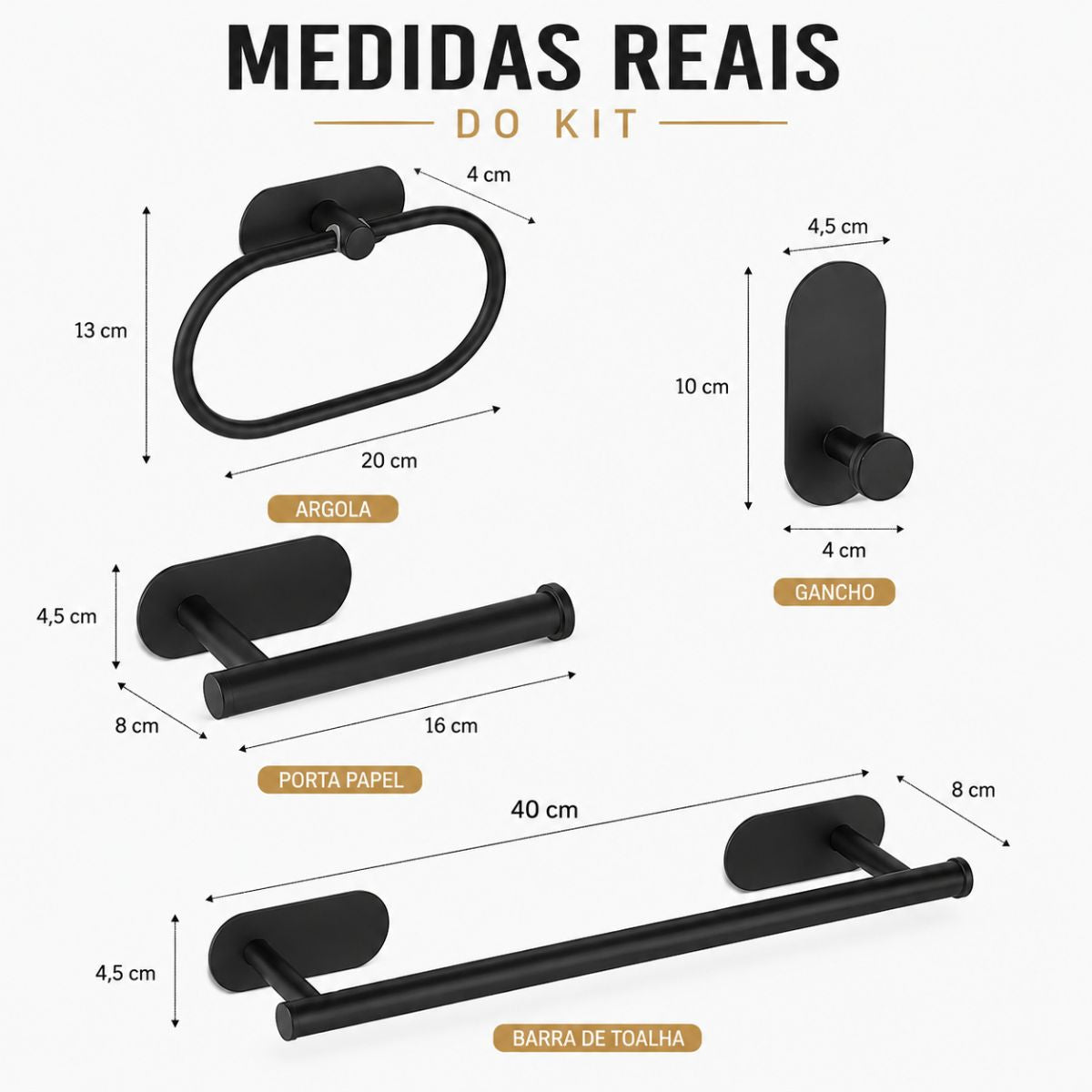 Kit Acessorios Banheiro Preto c/ Adesivo 4pçs