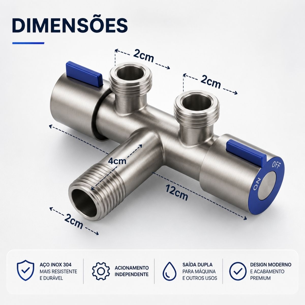 Registro Duplo de Metal 1/2” Inox Fosco com 2 Saídas