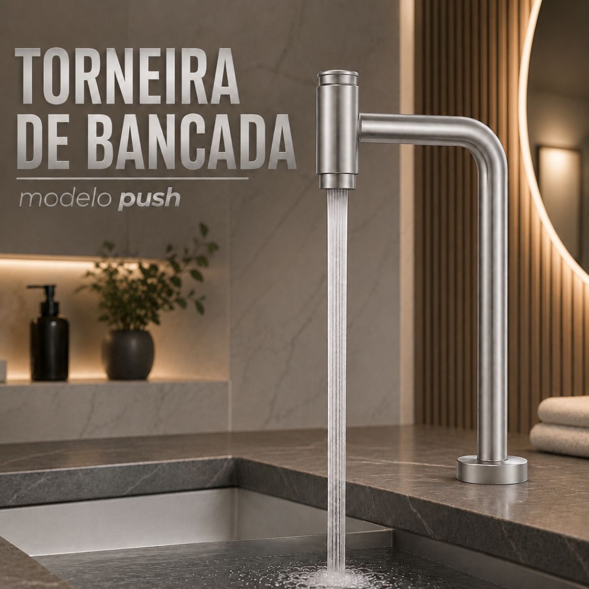 Torneira de Bancada Alta Push em Aço Inox com Bica 360° Moderna
