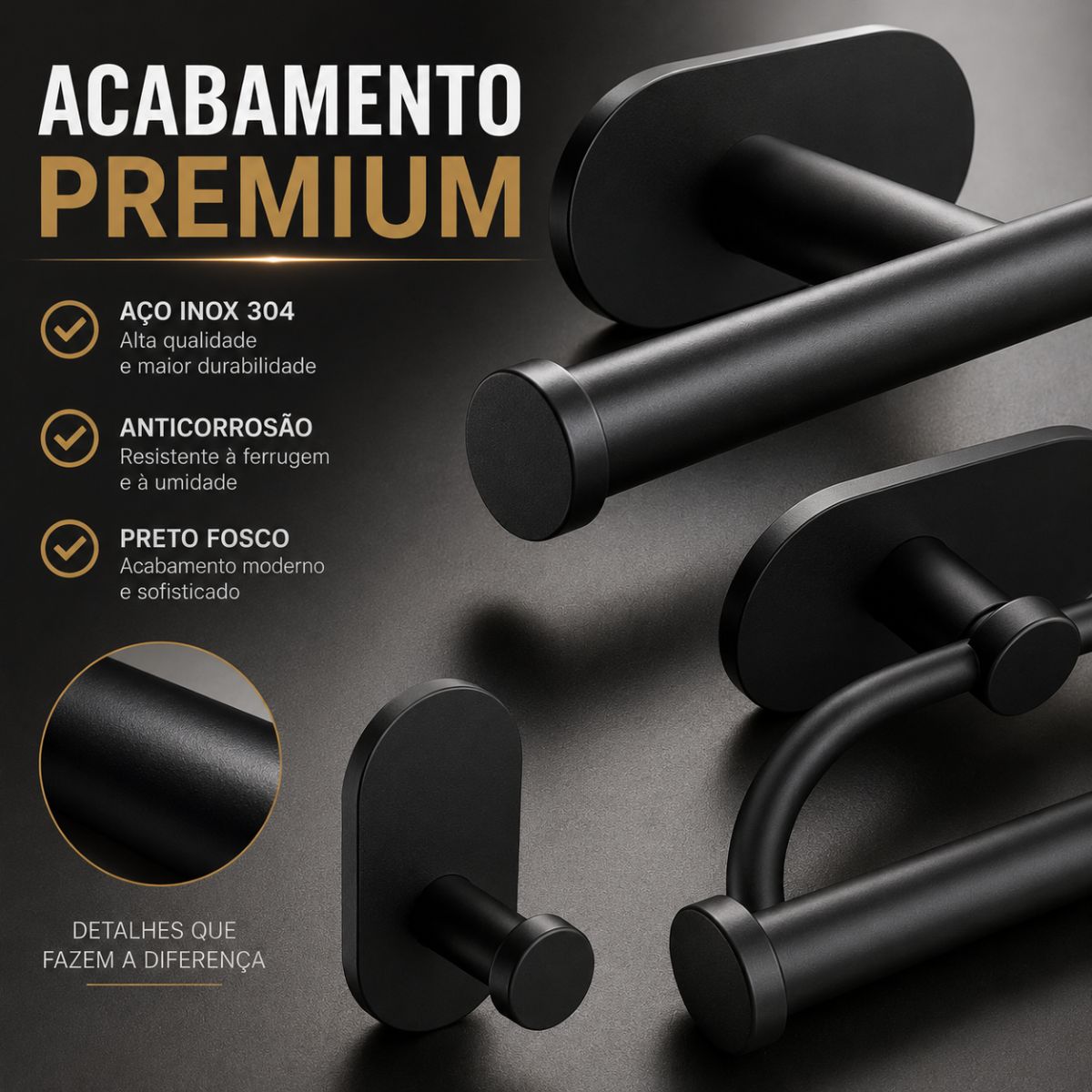 Kit Acessorios Banheiro Preto c/ Adesivo 4pçs