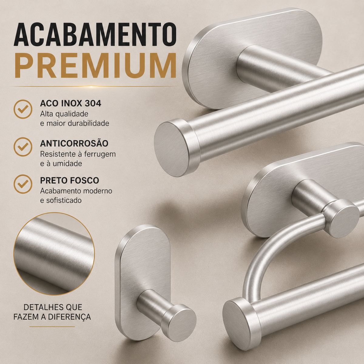 Kit Acessorios Banheiro c/ Adesivo 4pçs - CROMADO FOSCO