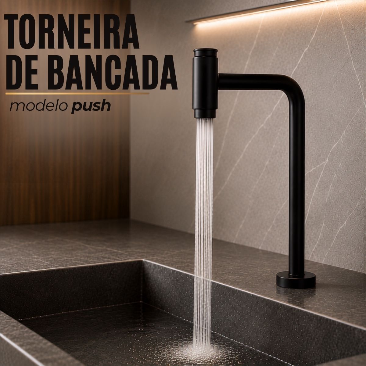 Torneira de Mesa Push em Aço Inox com Bica Alta Giratória 360°