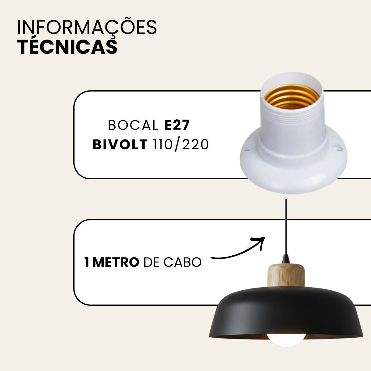 Luminária Pendente Nórdica 30cm em Metal e Madeira E27