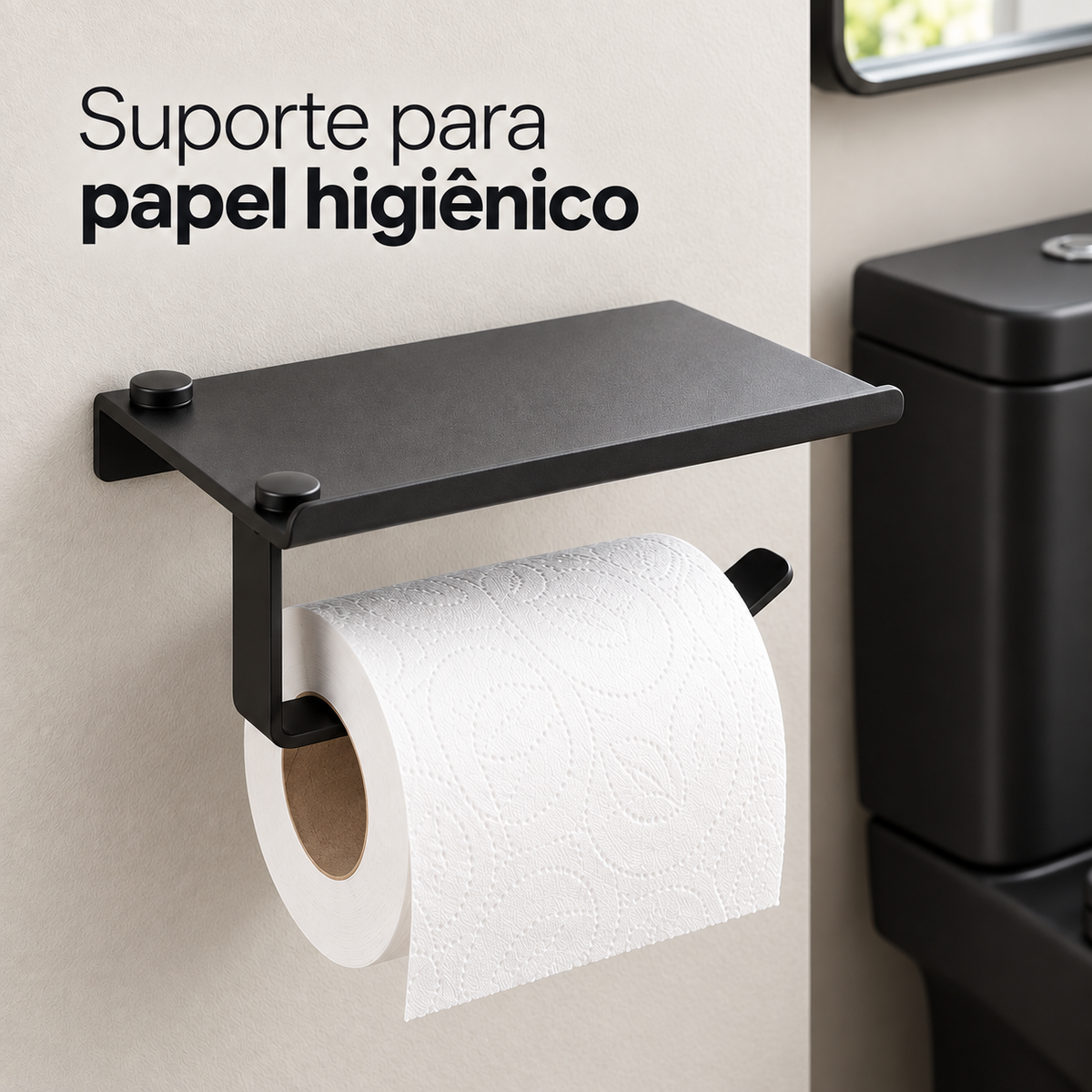 Porta Papel Higiênico Suporte Liso Alumínio - Cor Preto