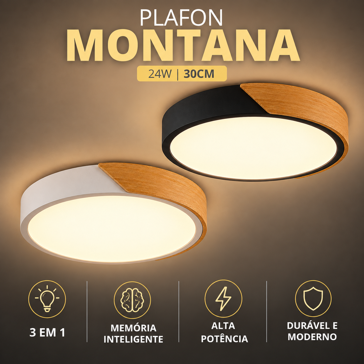 Plafon LED Redondo Slim 30cm 24W Bivolt 3 Cores Madeira