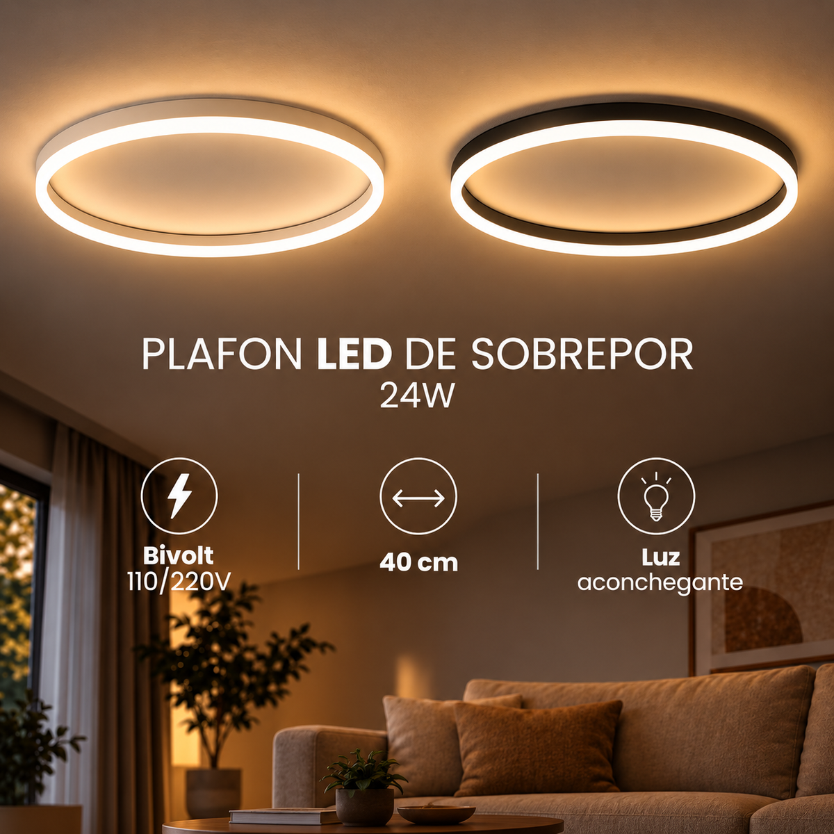 Plafon LED Redondo 24W 40cm Bivolt 3 Tons Efeito Memória