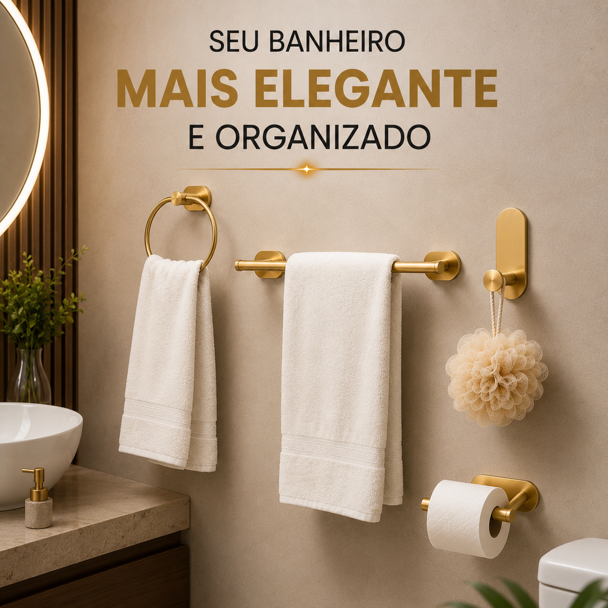 Kit Acessórios Banheiro c/ Adesivo 4pçs - DOURADO