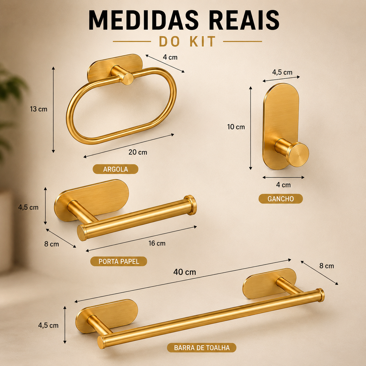 Kit Acessórios Banheiro c/ Adesivo 4pçs - DOURADO