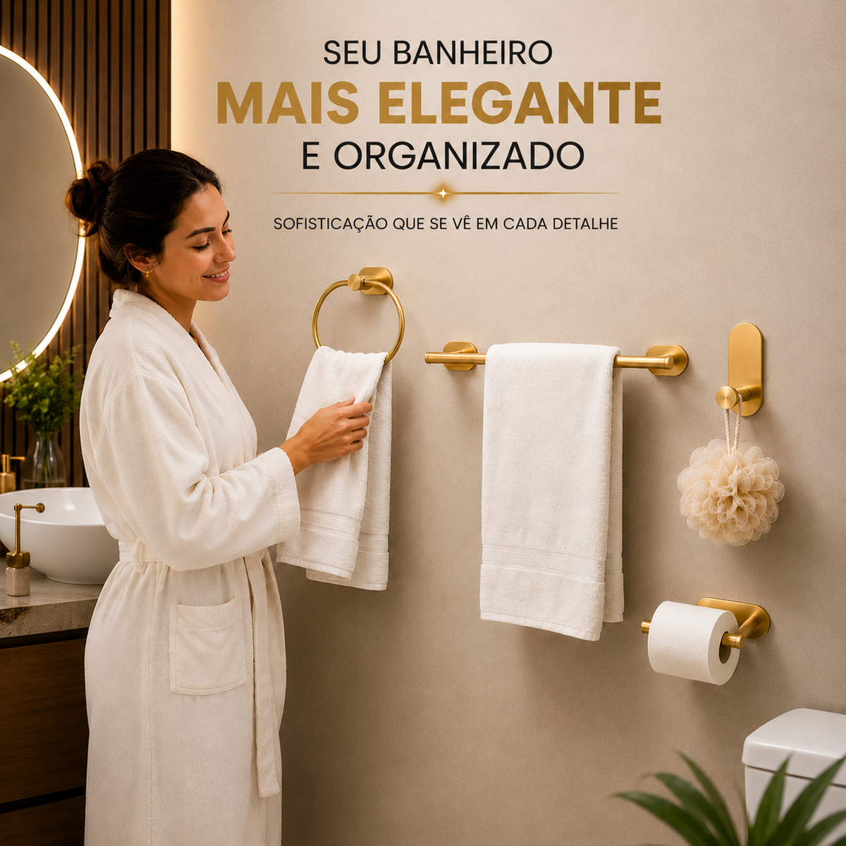 Kit Acessórios Banheiro c/ Adesivo 4pçs - DOURADO