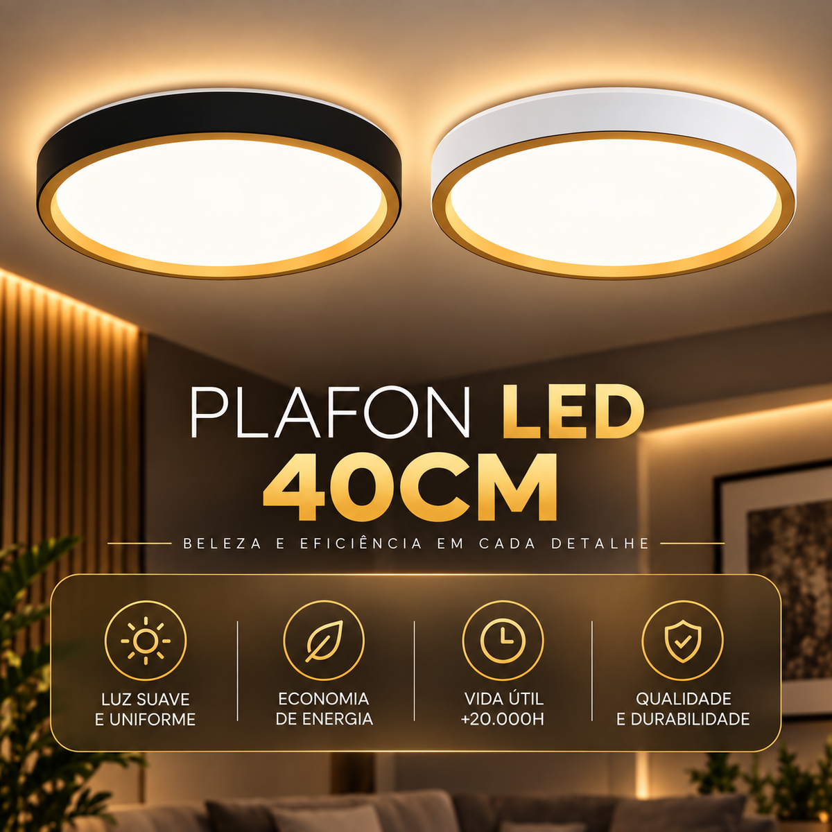 Plafon LED 36W 40cm 3 Tons de Luz com Função Memória
