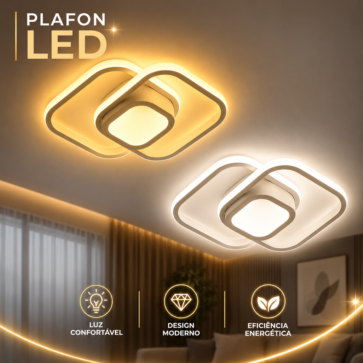 Luminária Plafon LED Quadrado Duplo 26W Bivolt Estrutura Branco