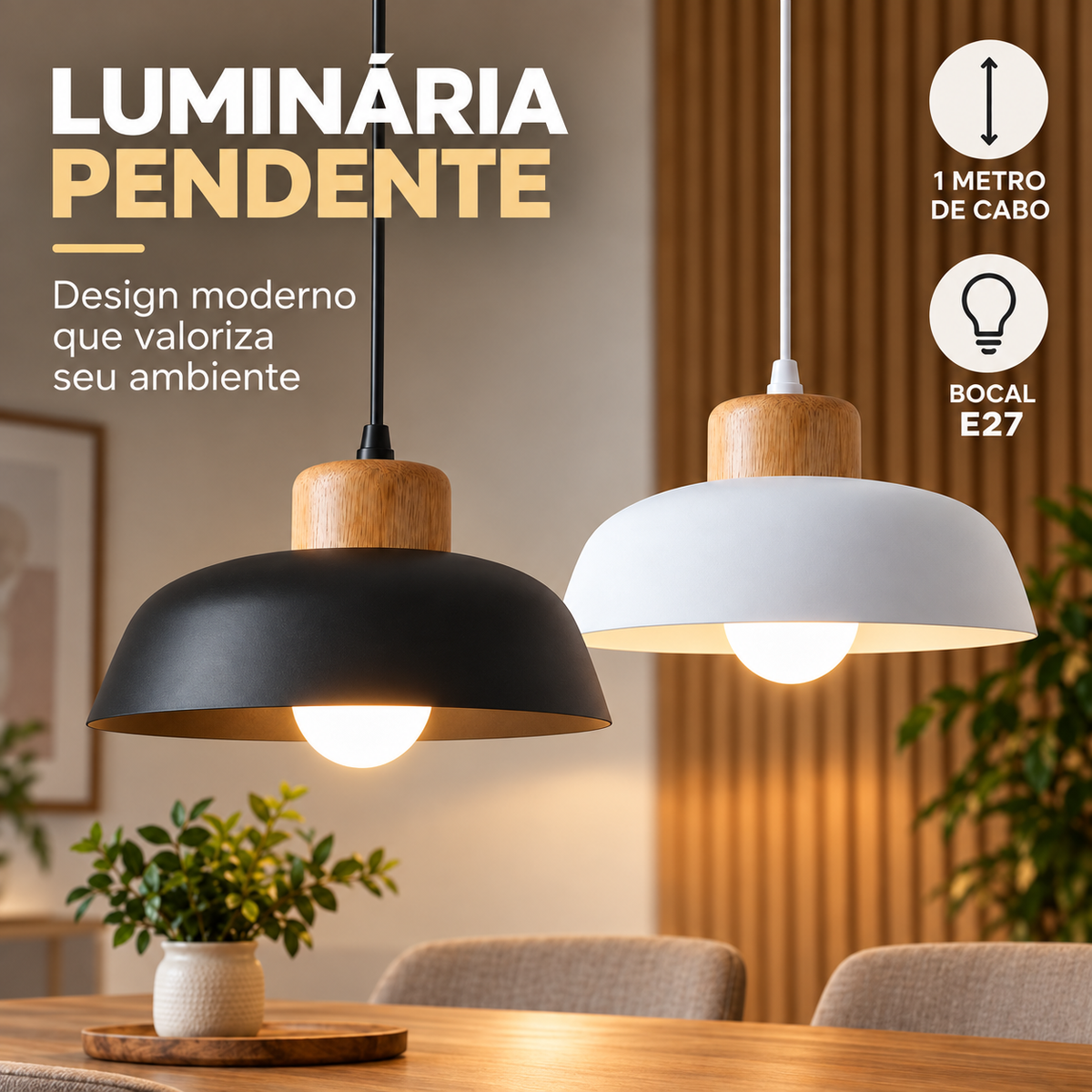 Luminária Pendente Nórdica 30cm em Metal e Madeira E27