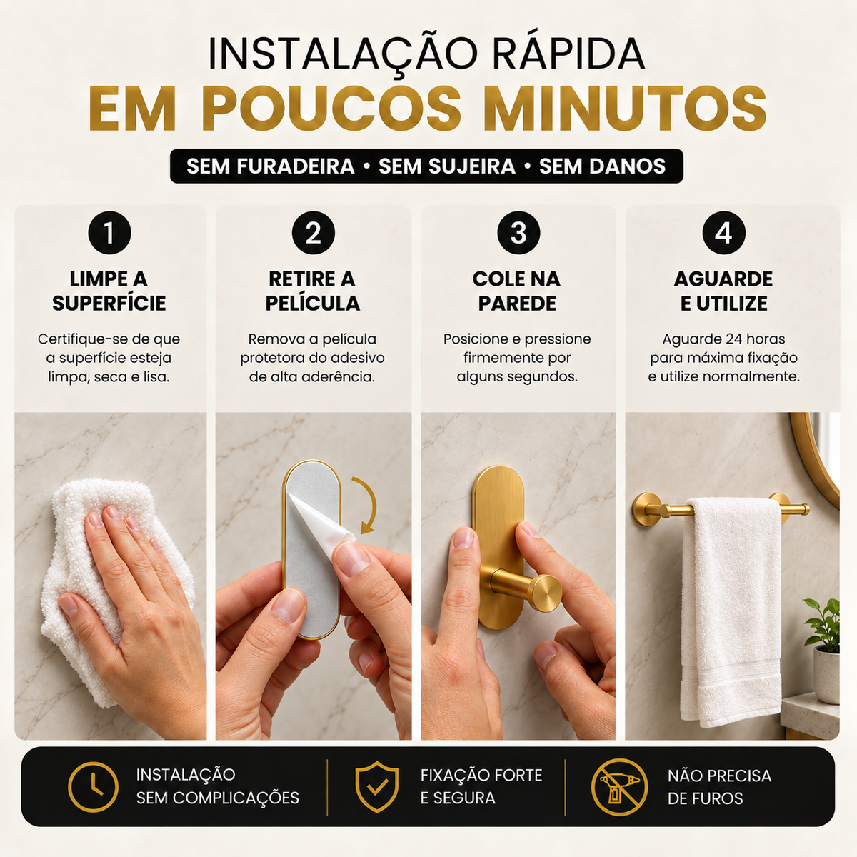 Kit Acessórios Banheiro c/ Adesivo 4pçs - DOURADO