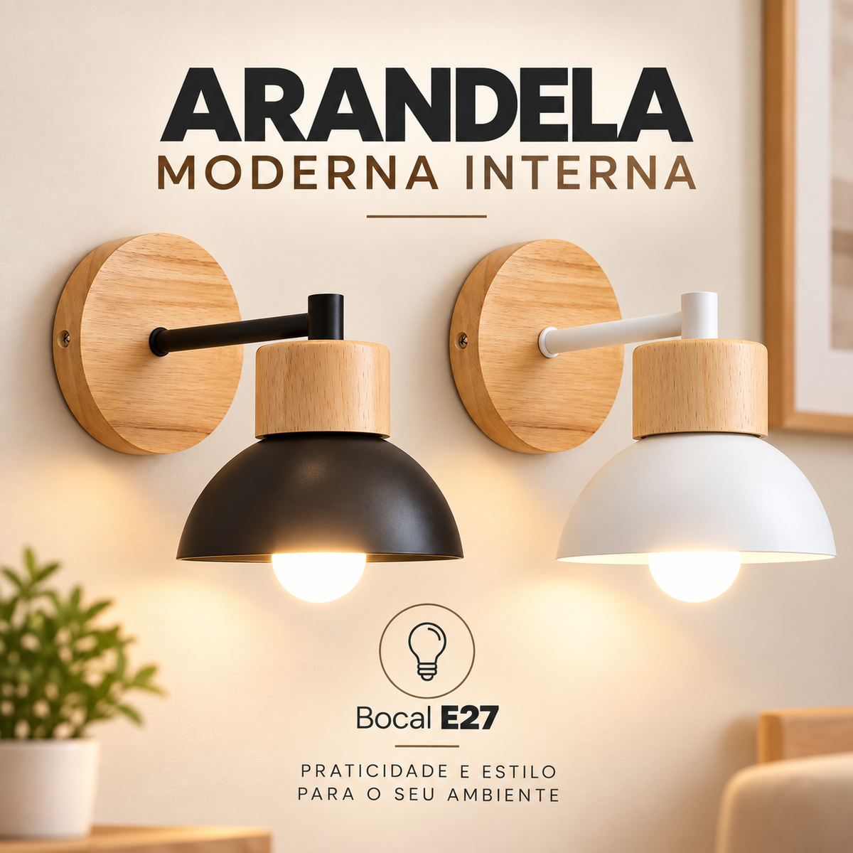 Arandela de Parede Madeira e Metal Branco E27 Moderna