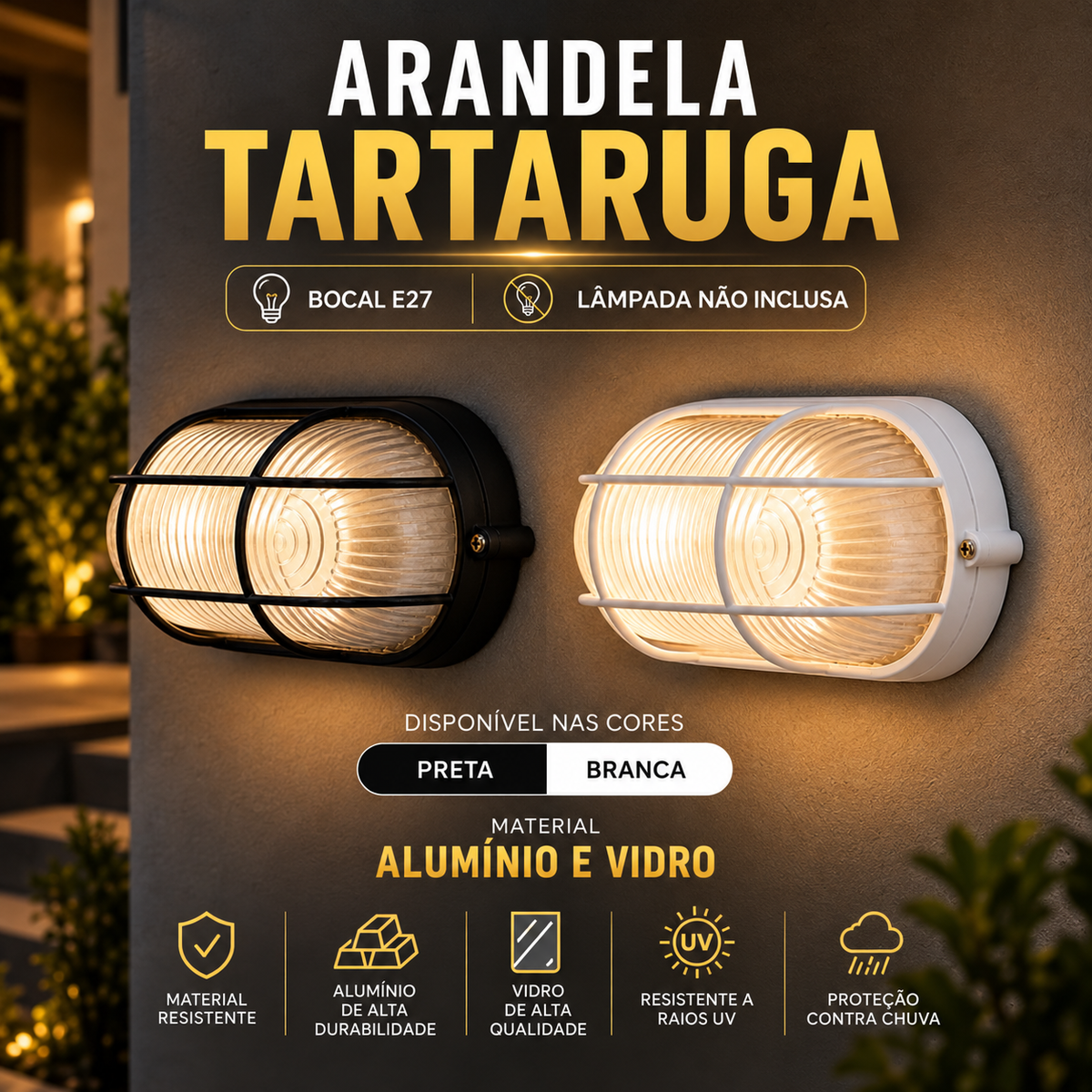 Arandela Tartaruga E27 para Área Externa em Alumínio e Vidro