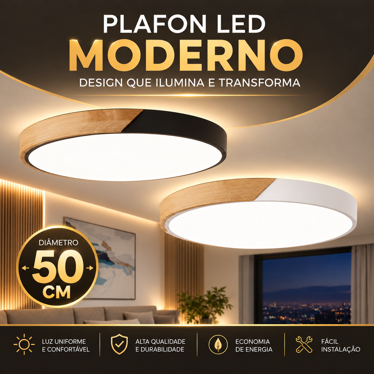 Luminária Plafon LED Redondo 50cm 36W Bivolt Slim