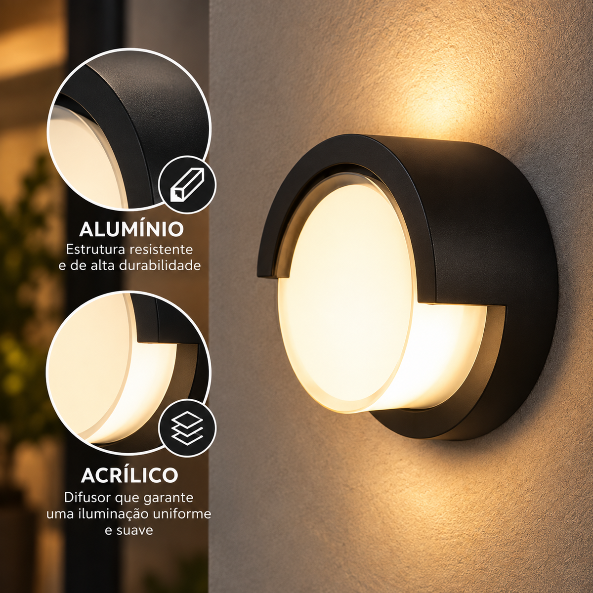 Arandela LED Redonda 12W Preta IP65 Branco Quente 3000K