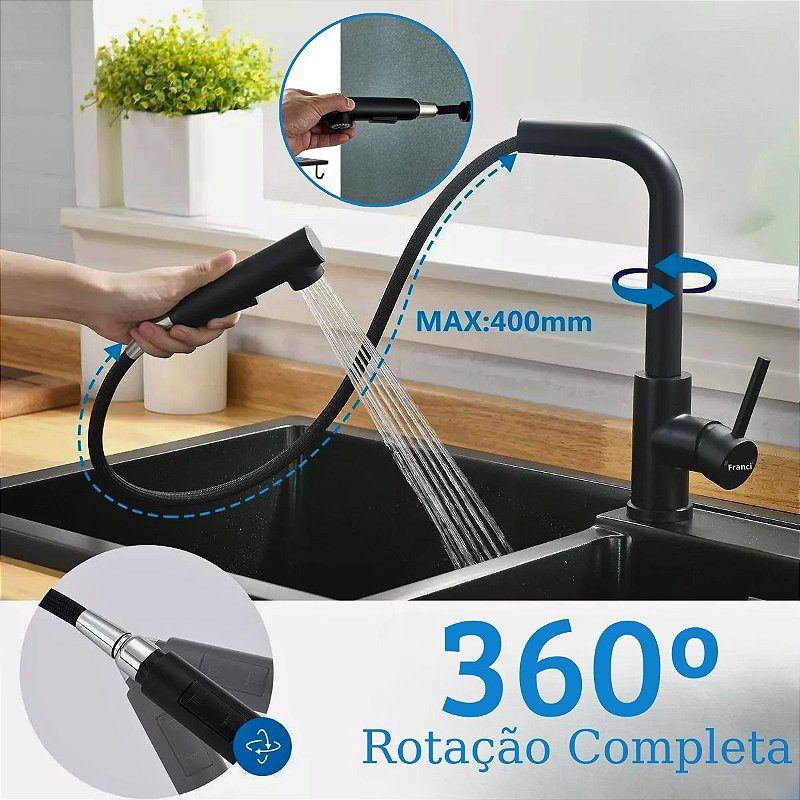 Torneira Bancada Misturador Extensor - Modelo Retracta - Preta