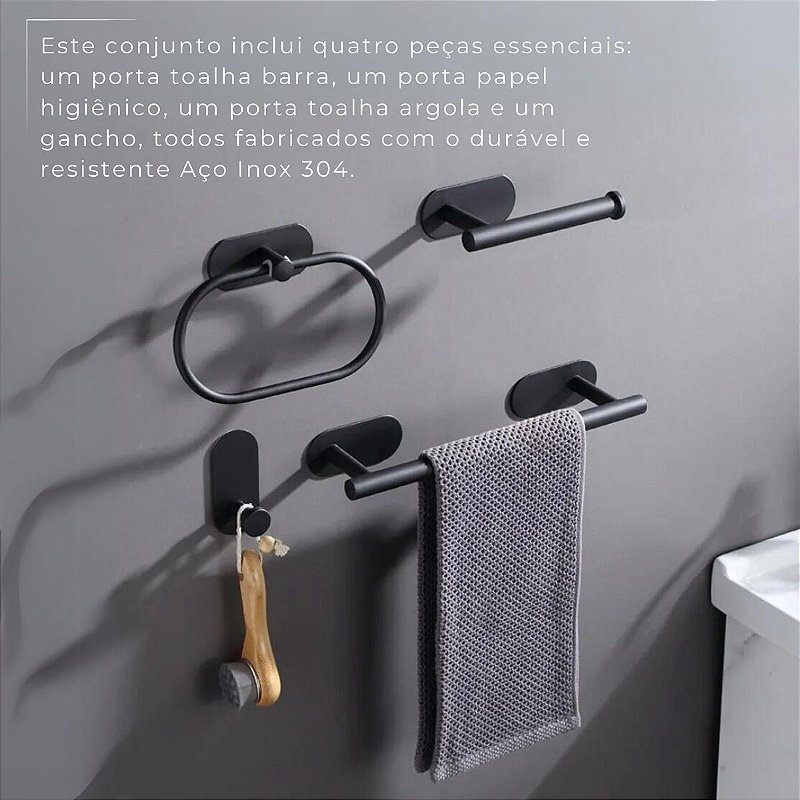 Kit Acessorios Banheiro Preto c/ Adesivo 4pçs