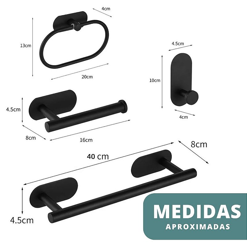 Kit Acessorios Banheiro Preto c/ Adesivo 4pçs