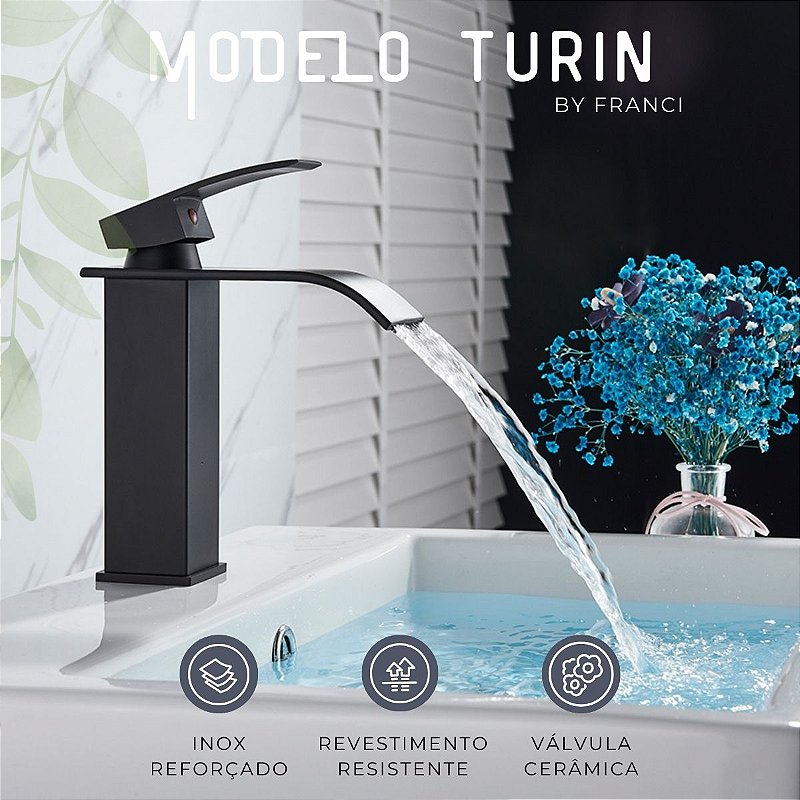 Torneira Bancada Quadrada Bica Curva Preta - Modelo Turin